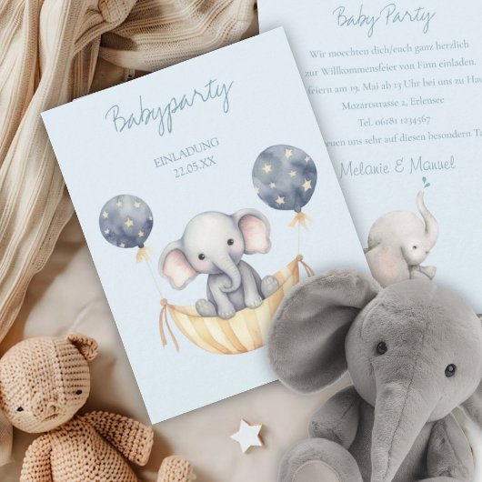 EINLADUNG Babyparty Elefant und Luftballon Junge 招待状