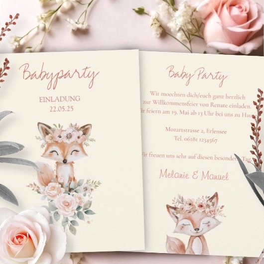 EINLADUNG Babyparty Fuchs und Blumen fuer Mädchen 招待状