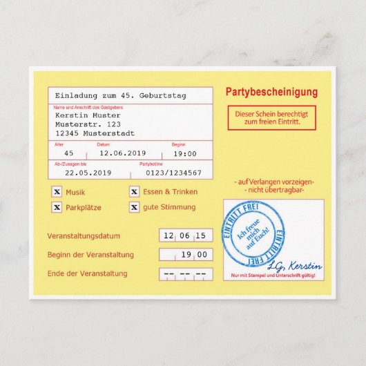 Einladungskarte als Attest/Krankenshein, gelb ポストカード (正面)