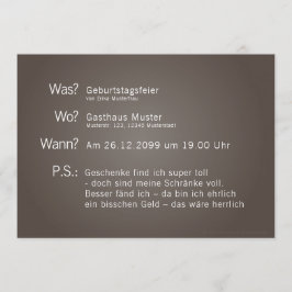 Einladungskarte mit "Was? Wann? Wo? P.S.:"-Text 招待状