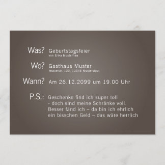 Einladungskarte mit "Was? Wann? Wo? P.S.:"-Text 招待状