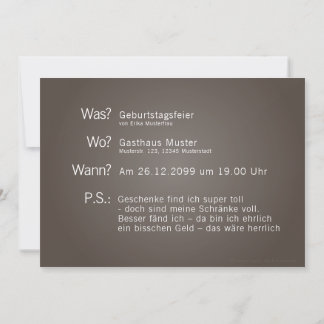 Einladungskarte mit "Was? Wann? Wo? P.S.:"-Text 招待状