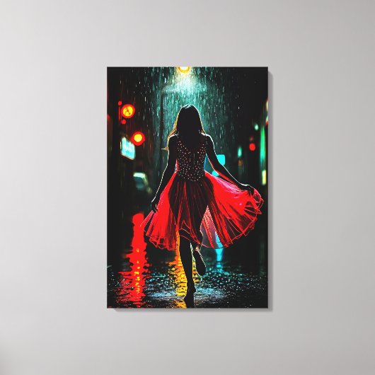 Einsame Anmut in Rot - Frau im Regen キャンバスプリント (正面)