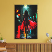 Einsame Anmut in Rot - Frau im Regen キャンバスプリント (インサイチュ (リビング))