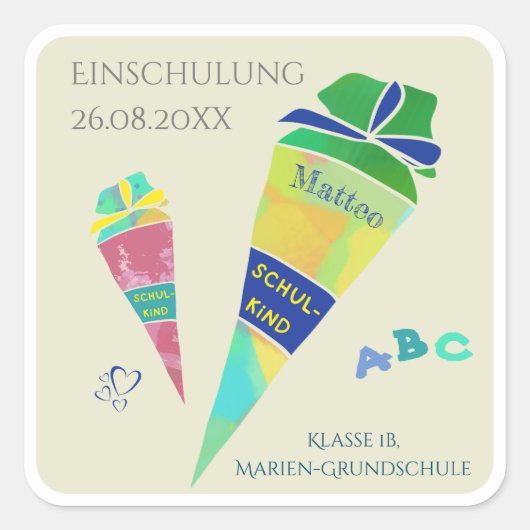 Einschulung Schulkind Inhalt Schultüte Sticker スクエアシール (正面)