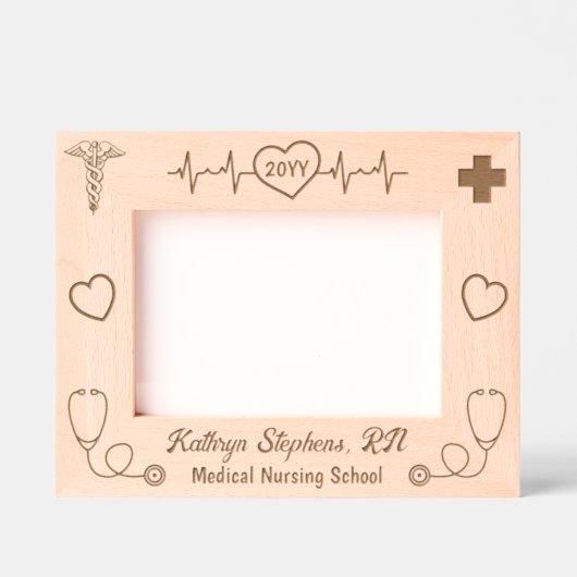 EKGラインと医療用記号ナース卒業 レーザー彫刻フレーム (正面)