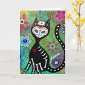 EL GATO CAT DIA DE LOS MUERTOS NURSEの絵画 カード (黄色い花)