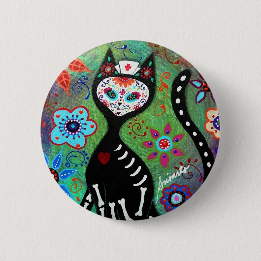 EL GATO CAT DIA DE LOS MUERTOS NURSEの絵画 缶バッジ (正面)