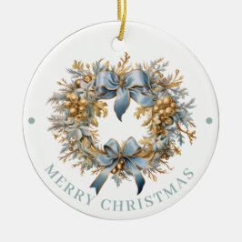 Elaborate Blue and Gold Wreath Merry Christmas  セラミックオーナメント
