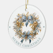 Elaborate Blue and Gold Wreath Merry Christmas セラミックオーナメント (左)