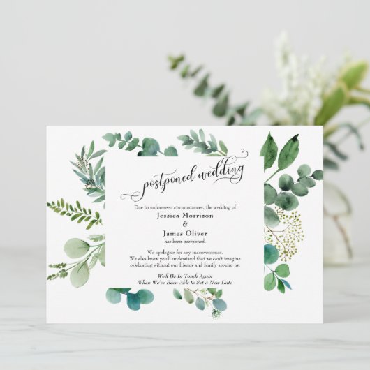 elaborate script eucalyptus postponed wedding car 招待状 (スタンド正面)