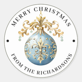 Elaborate Victorian Ornament Blue Merry Christmas  ラウンドシール