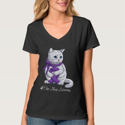 Elder Abuse Awareness Month Purple Ribbon Cat Tシャツ (正面)