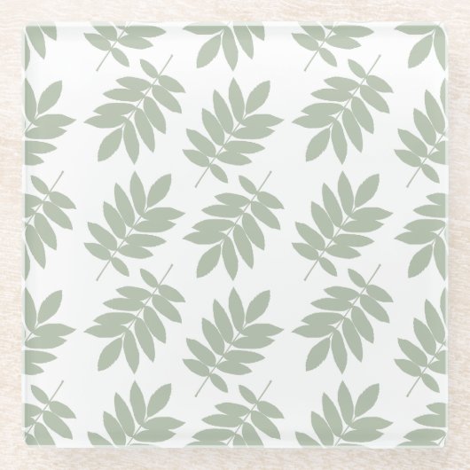 Elder Leaf Pattern Green+White ガラスコースター (正面)