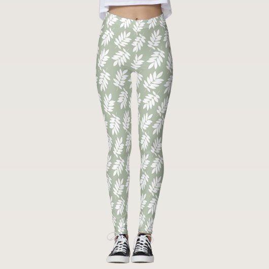 Elder Leaf Pattern White on Green レギンス (正面)