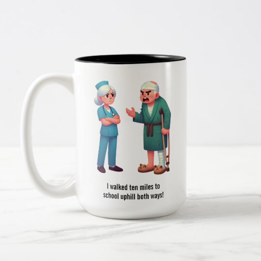 Elderly Patient Yelling at an Exhausted Nurse ツートーンマグカップ (左)