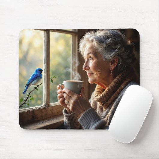 Elderly Woman Watching a Bluebird マウスパッド (マウス)