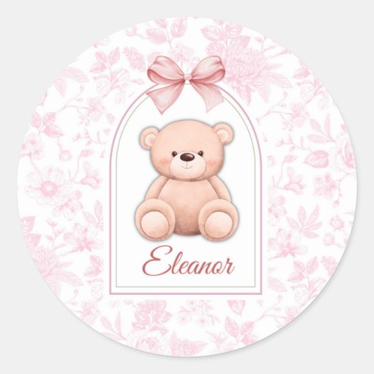 Eleanor | オリジナル ピンクのテディベアの保育園デザイン ラウンドシール (正面)
