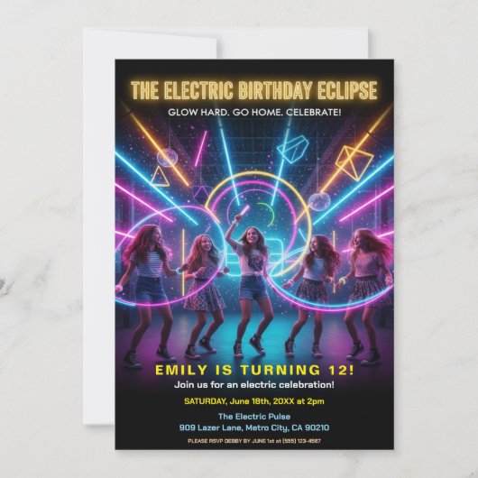 Electric Birthday Neon Glow Party 招待状 (正面)