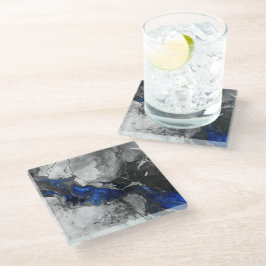 Electric Blue, Black and Grey Marble print ガラスコースター