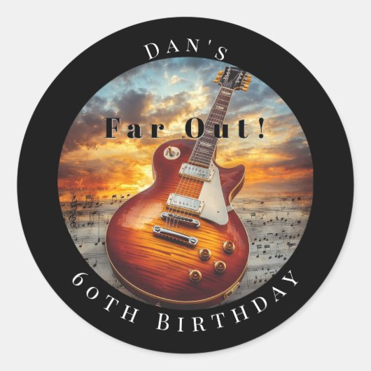 Electric Guitar Ocean Sunset Music Notes ラウンドシール (正面)