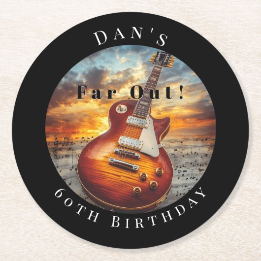 Electric Guitar Ocean Sunset Music Notes ラウンドペーパーコースター (正面)