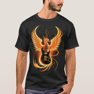 Electric Guitar With Fiery Winged Silhouette In Bl Tシャツ