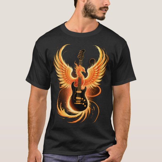 Electric Guitar With Fiery Winged Silhouette In Bl Tシャツ (正面)