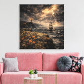 Electric Horizon: Stormy Lighthouse & Tall Ship キャンバスプリント (インサイチュ (リビング))