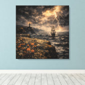 Electric Horizon: Stormy Lighthouse & Tall Ship キャンバスプリント (インサイチュ (ウッドフロア))