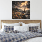 Electric Horizon: Stormy Lighthouse & Tall Ship キャンバスプリント (インサイチュ (寝室))