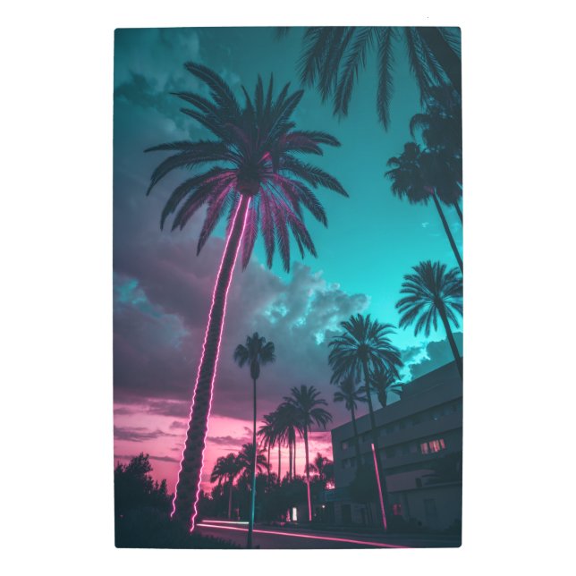 Electric Palm Tree Lightning Poster - Cyberpunk St メタルプリント (正面)
