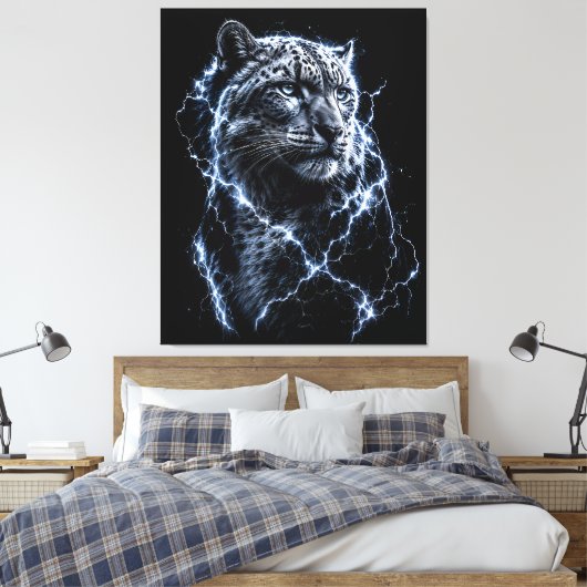 Electric Snow Leopard | 稲妻の大きなネコの肖像画 キャンバスプリント (インサイチュ (寝室))