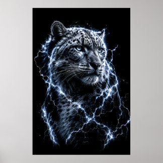 Electric Snow Leopard | 稲妻の大きなネコの肖像画 ポスター