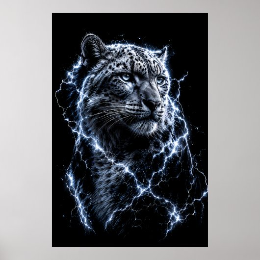 Electric Snow Leopard | 稲妻の大きなネコの肖像画 ポスター (正面)