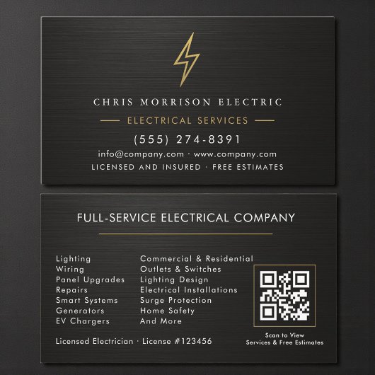 Electrician Metallic Black Gold Electrical Service 名刺