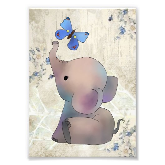 Elefant mit Schmetterling vintage フォトプリント (正面)