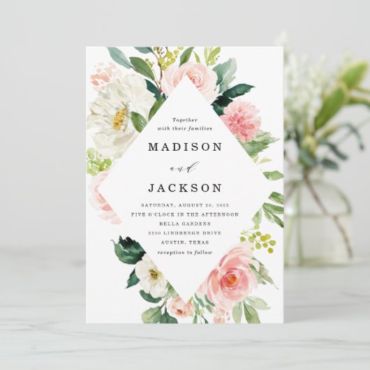 Elegan赤面ピンクと白のフローラフレーム結婚ズ 招待状 (スタンド正面)