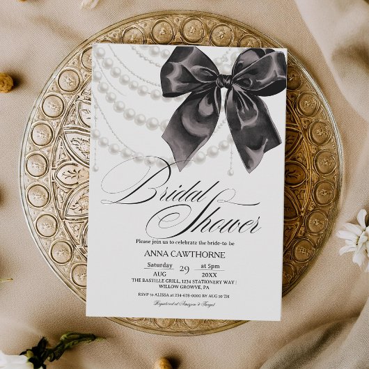 Elegance Black Bow Pearls Bridal Shower Acrylic 招待状