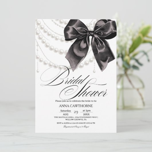  Elegance Black Bow Pearls Bridal Shower Acrylic 招待状 (スタンド正面)