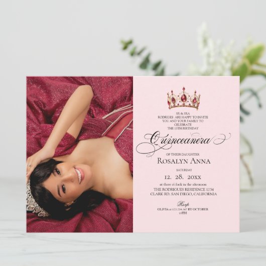 Elegance Blush Pink Princess Quinceañera Photo 招待状 (スタンド正面)