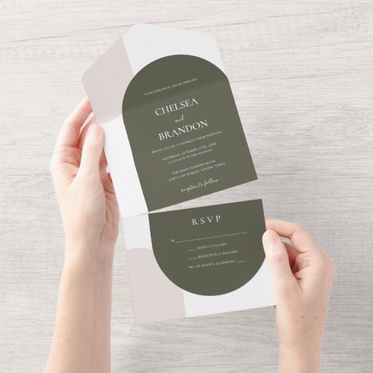 Elegance Bohemian Arches Sage Green Beige Wedding オールインワン招待状 (貼ってはがせる)