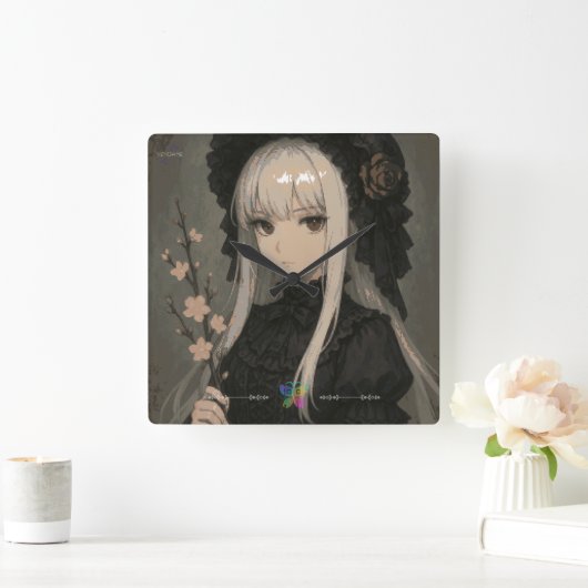 Elegance of the Midnight Blossom Maiden Premium スクエア壁時計 (ホーム)