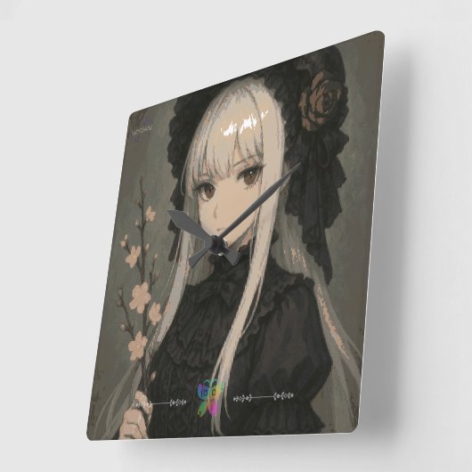 Elegance of the Midnight Blossom Maiden Premium スクエア壁時計 (傾斜)