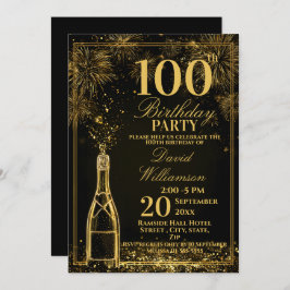 Elegant 100th Birthday Gold Bottle Fizz 招待状