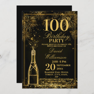 Elegant 100th Birthday Gold Bottle Fizz 招待状