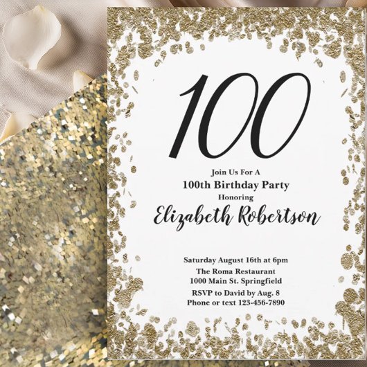 Elegant 100th Birthday Invitation For Her in Gold 招待状