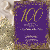Elegant 100th Purple Birthday Invitation Gold 招待状