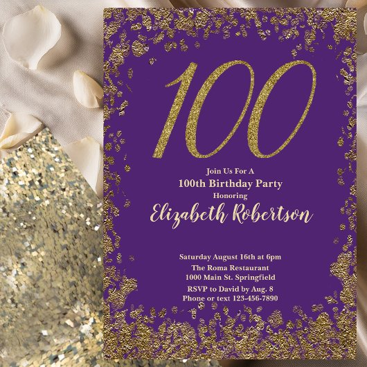 Elegant 100th Purple Birthday Invitation Gold  招待状
