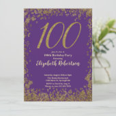 Elegant 100th Purple Birthday Invitation Gold  招待状 (スタンド正面)
